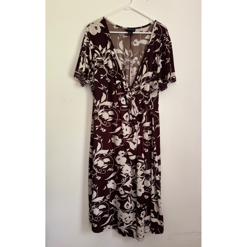 Lane Bryant Women Chocolate Brown Floral Faux Wrap Dress Short Sleeve 18/20